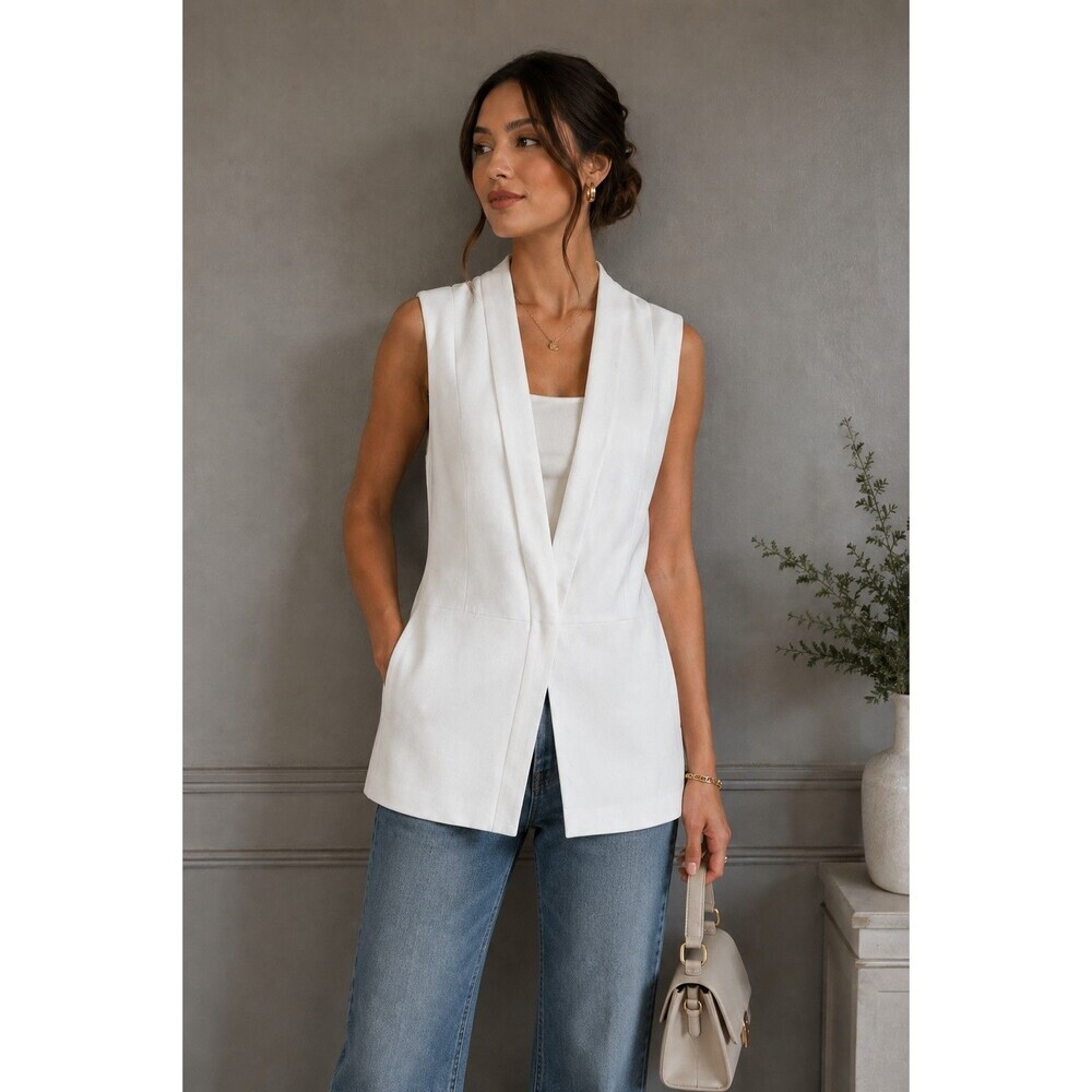 Melanie Lyne Long Line Sleeveless Vest Cream Pleat Detail Shoulder Tailored M